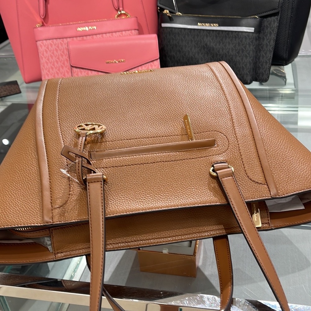 MICHAEL KORS CARINE LARGE FRONT ZIP POCKET SHOULDER TOTE BAG PURSE LUGGAGE NWT - Picture 6 of 16